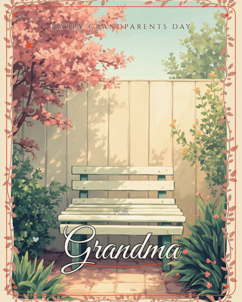 A quiet garden corner shows an empty wooden bench set against a tall fence, dappled with afternoon shadow, a grandparents day e-card design