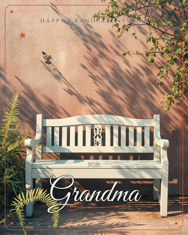 A white wooden bench sits empty against a sun-warmed terracotta wall, dappled with long tree-branch shadows, a grandparents day e-card design