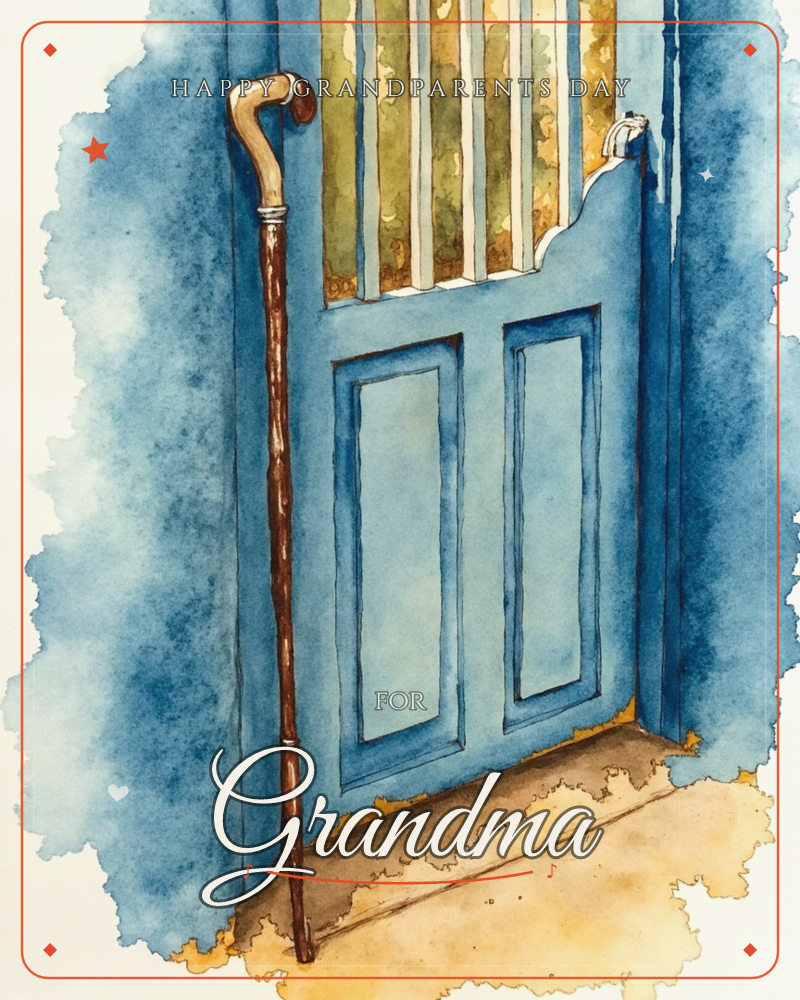 A weathered blue wooden door stands ajar, its upper panel fitted with slats of amber glass catching warm light, a grandparents day e-card design