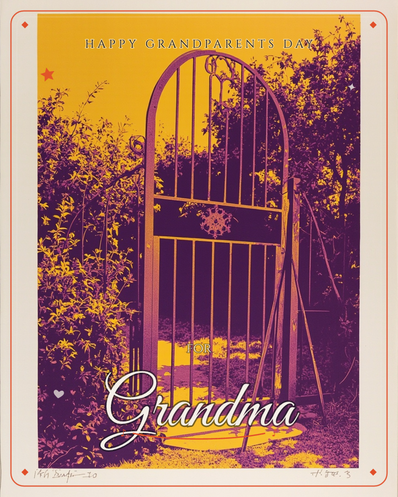 A screenprint of a wrought-iron garden gate stands open between overgrown hedges, rendered entirely in bold magenta and golden yellow, a grandparents day e-card design