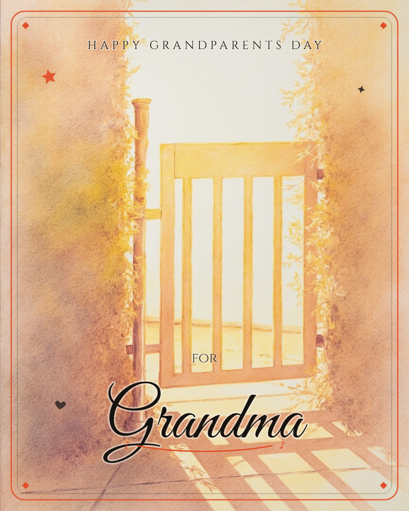 A wooden garden gate stands open between two hedge-lined walls, flooded with warm golden light that casts long slatted shadows across the path below, a grandparents day e-card design