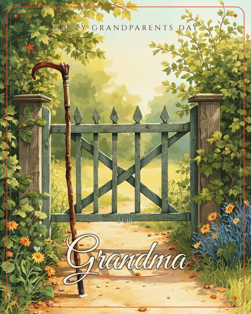 A weathered wooden garden gate stands half-shaded beneath overhanging leaves, a carved walking cane leaning against its post, a grandparents day e-card design