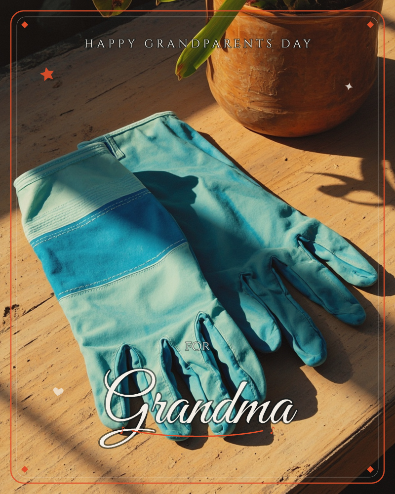 A pair of turquoise gardening gloves lies stacked on a weathered wooden table, catching warm afternoon sun, a grandparents day e-card design
