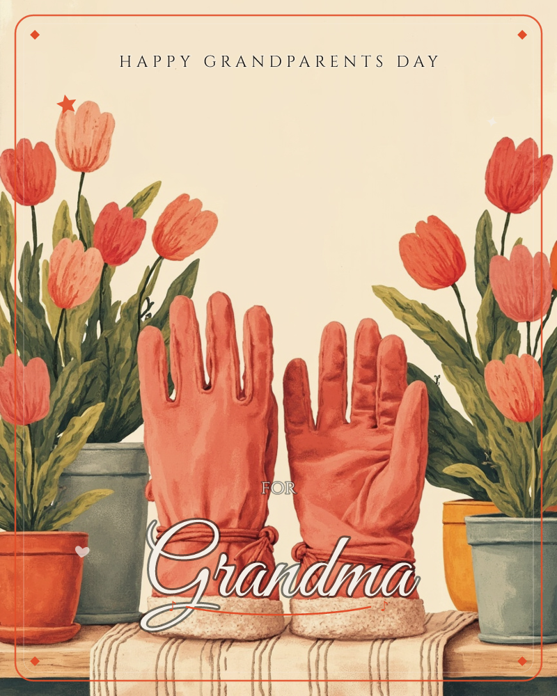 A pair of terracotta-orange gardening gloves stands upright on a wooden bench, tied together at the wrists with a length of cord, flanked by potted…, a grandparents day e-card design