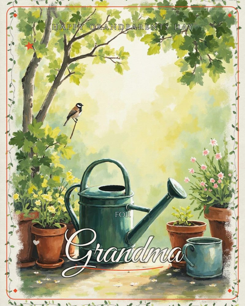 A weathered teal watering can sits on a sunlit garden patio, surrounded by terracotta pots of yellow and pink blooms, with a small chickadee perched on…, a grandparents day e-card design