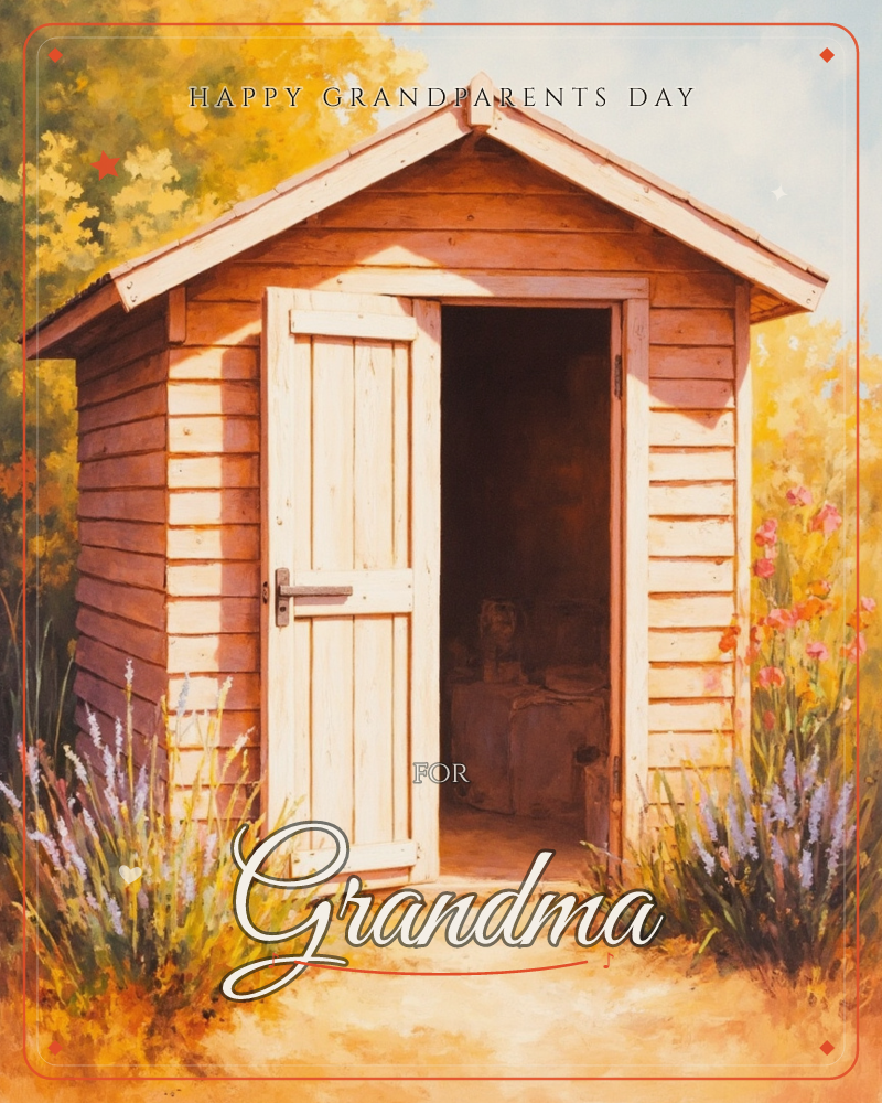 A wooden garden shed stands open in dappled autumn sunlight, its pale door swung wide to reveal a shadowy interior with a few stored tools, a grandparents day e-card design