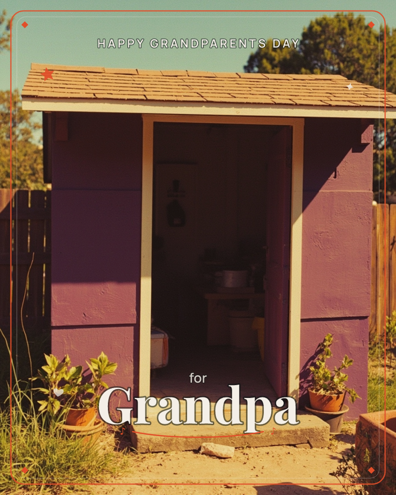 A small purple garden shed with white trim stands open in a sunlit backyard, its shingled roof catching warm late-afternoon light, a grandparents day e-card design