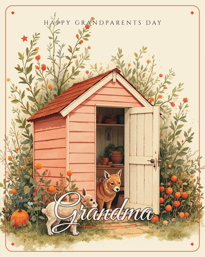 A pink garden shed with a terracotta roof stands open, its shelves lined with clay pots, while a fox pup peers out the doorway toward a small pale dog…, a grandparents day e-card design