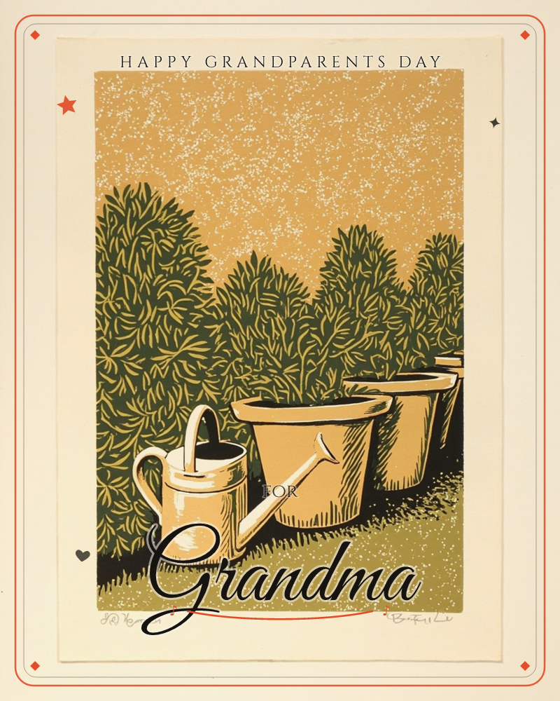 A linocut-style print of a garden corner: a row of empty terracotta pots and a watering can sit on green grass in front of a dense hedge of leafy shrubs, a grandparents day e-card design