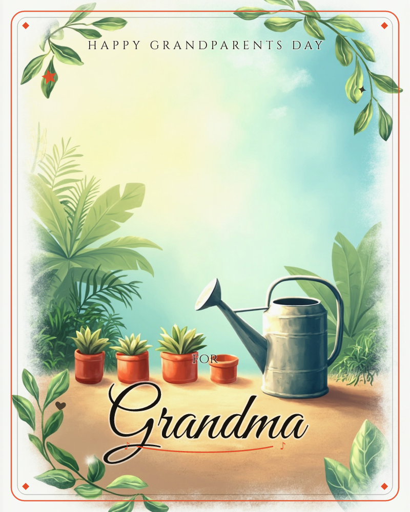 A sunlit garden potting bench holds a row of small terracotta pots with young succulents beside a large metal watering can, framed by lush leafy…, a grandparents day e-card design