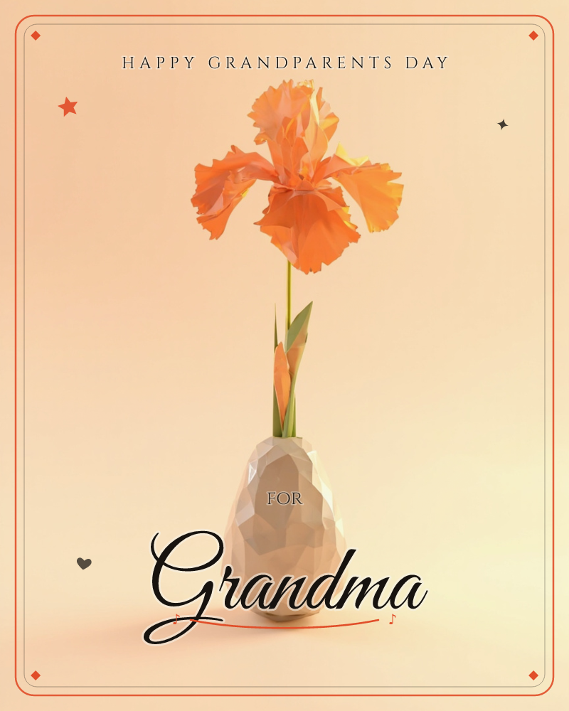 A single orange iris in low-poly, faceted 3D style rises from a smooth, pebble-shaped ceramic vase, a grandparents day e-card design