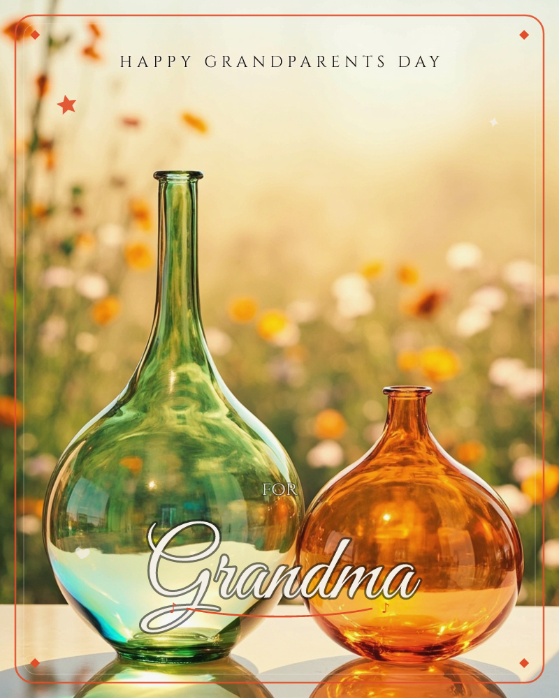 Two round-bellied glass bottles, one tall green and one squat amber, catch the light against a hazy field of wildflowers in golden late-afternoon sun, a grandparents day e-card design