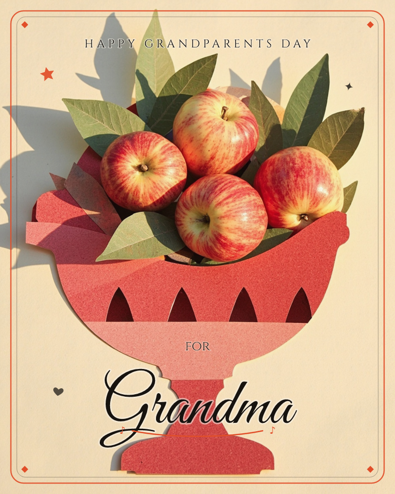 A paper-cut pedestal bowl in coral red holds real photographed apples and dark green leaves, arranged as a still life against a warm cream background, a grandparents day e-card design