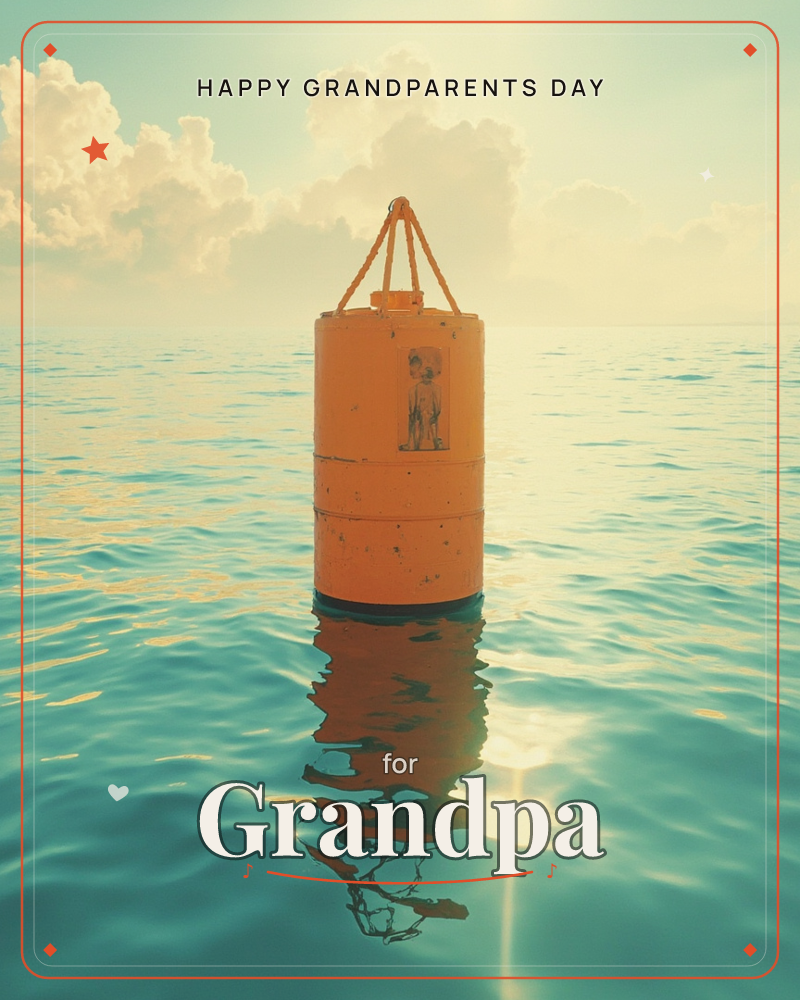 An orange buoy floats alone on calm turquoise water, its metal ring and faded warning label catching the hazy sunlight above, a grandparents day e-card design