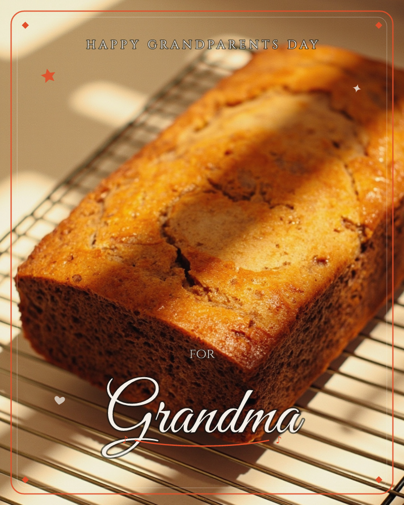 A golden loaf of banana bread rests on a wire cooling rack, its crackled crust catching bright, warm sunlight that falls in soft stripes across the…, a grandparents day e-card design