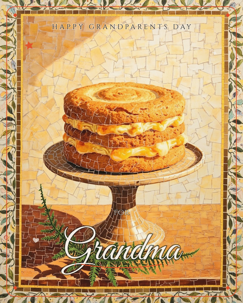 A mosaic-style illustration shows a golden layer cake with creamy custard filling, set on a tiled pedestal stand against a warm, cracked-tile…, a grandparents day e-card design