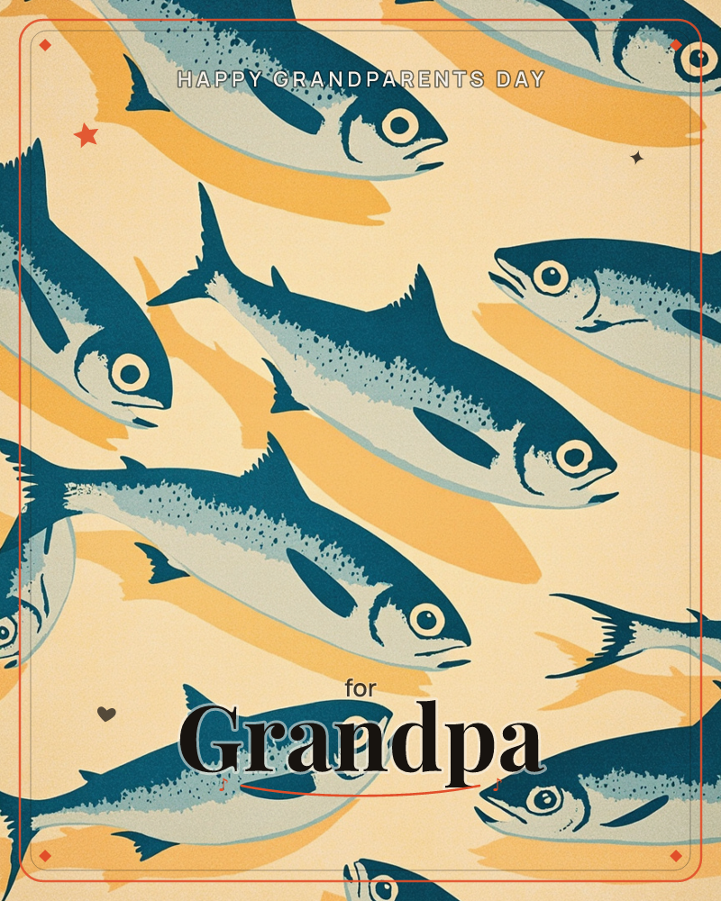 A repeating school of stylised fish swims diagonally across a warm cream background, each one rendered in deep teal with pale speckled bellies and a…, a grandparents day e-card design