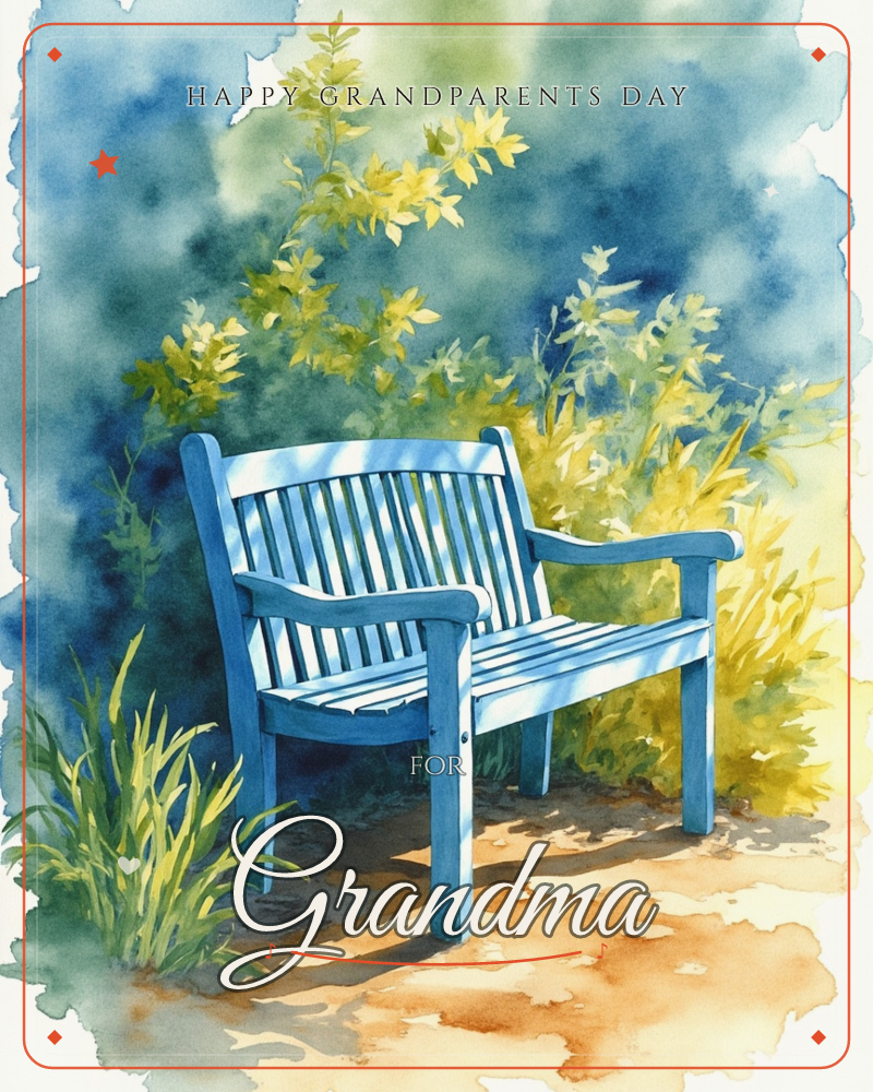An empty blue wooden bench sits tucked into a lush garden corner, surrounded by billowing greenery and sprays of yellow foliage, a grandparents day e-card design