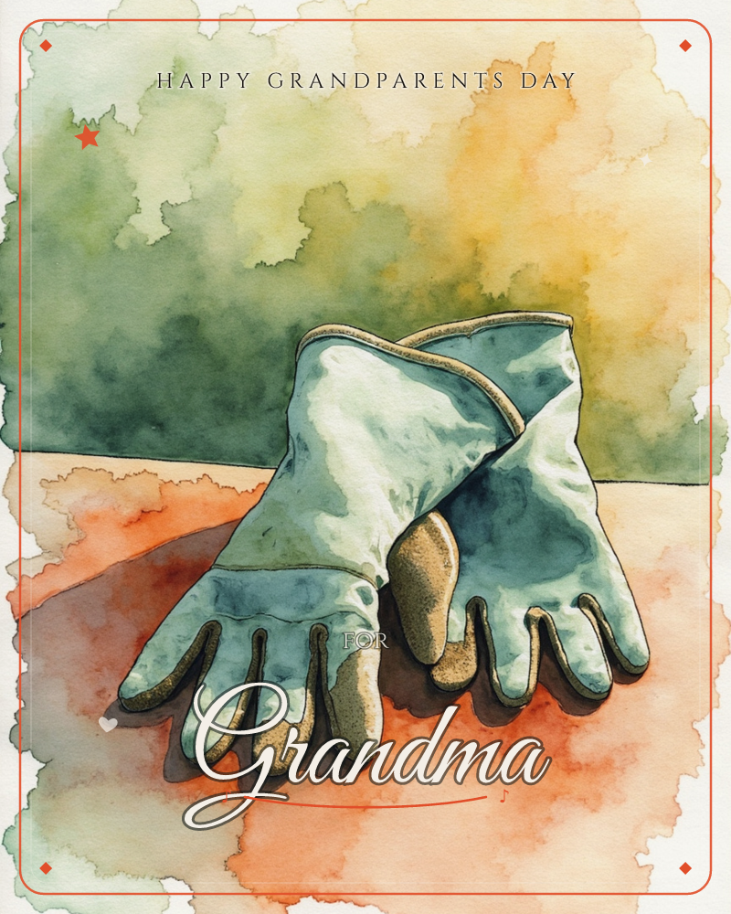 A pair of well-worn gardening gloves rests crossed over each other on a warm terracotta surface, their fingertips softened and stained gold from use, a grandparents day e-card design