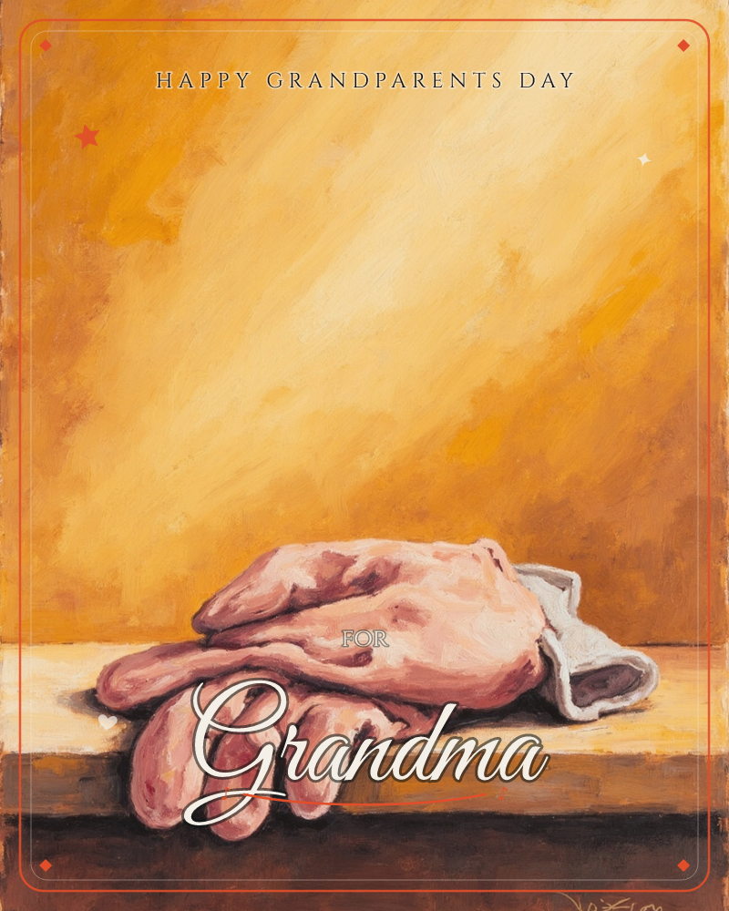 A single worn work glove lies fingers-down on a wooden ledge, painted in warm pink and mauve tones against a glowing amber-yellow wall, a grandparents day e-card design