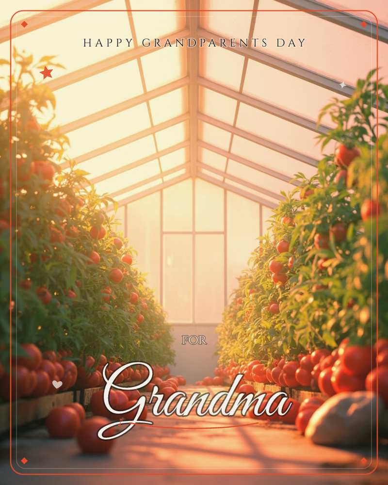 A glass greenhouse glows with warm afternoon light, its rows of tall tomato plants heavy with ripe red fruit stretching toward a bright glass gable roof, a grandparents day e-card design