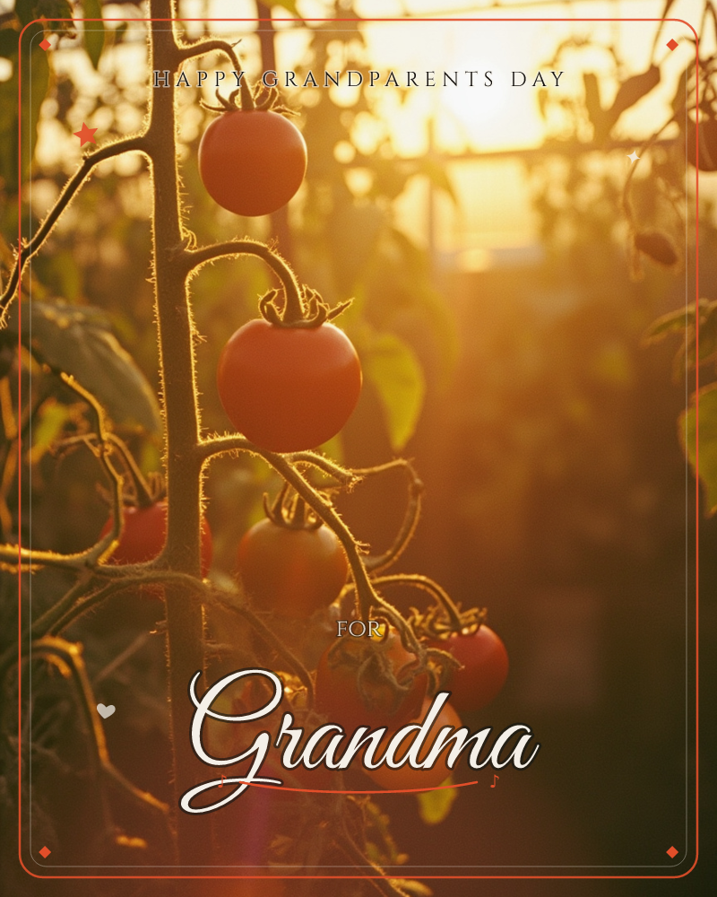 A vine of ripening tomatoes hangs backlit inside a greenhouse, the low sun flaring gold through the glass and leaves behind it, a grandparents day e-card design
