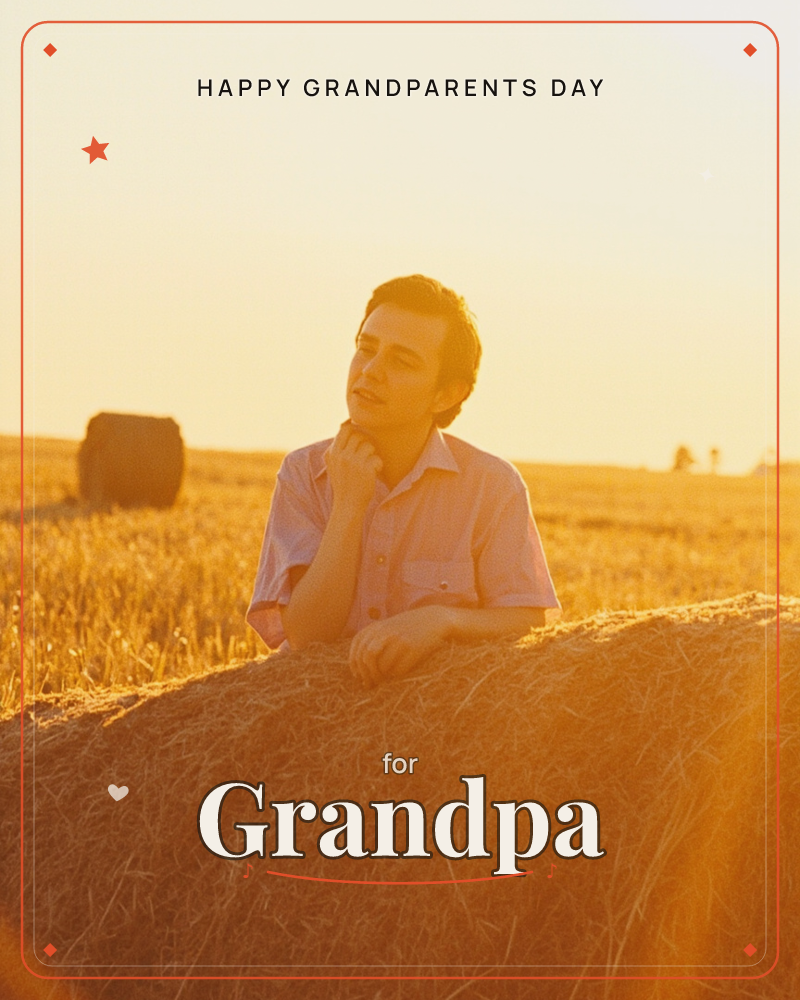 A man in a short-sleeved shirt leans against a large round hay bale in a golden wheat field, gazing thoughtfully into the distance as the setting sun…, a grandparents day e-card design