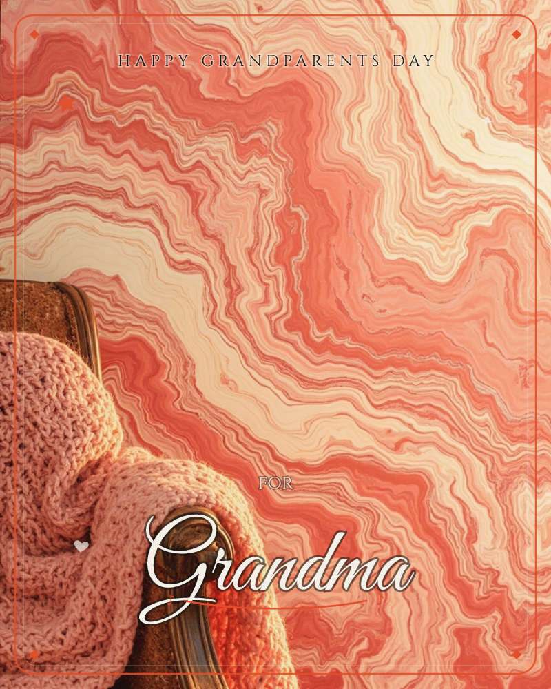 A swirling coral and cream marbled wall forms the backdrop for a dark carved wooden chair draped with a thick knitted pink throw, a grandparents day e-card design