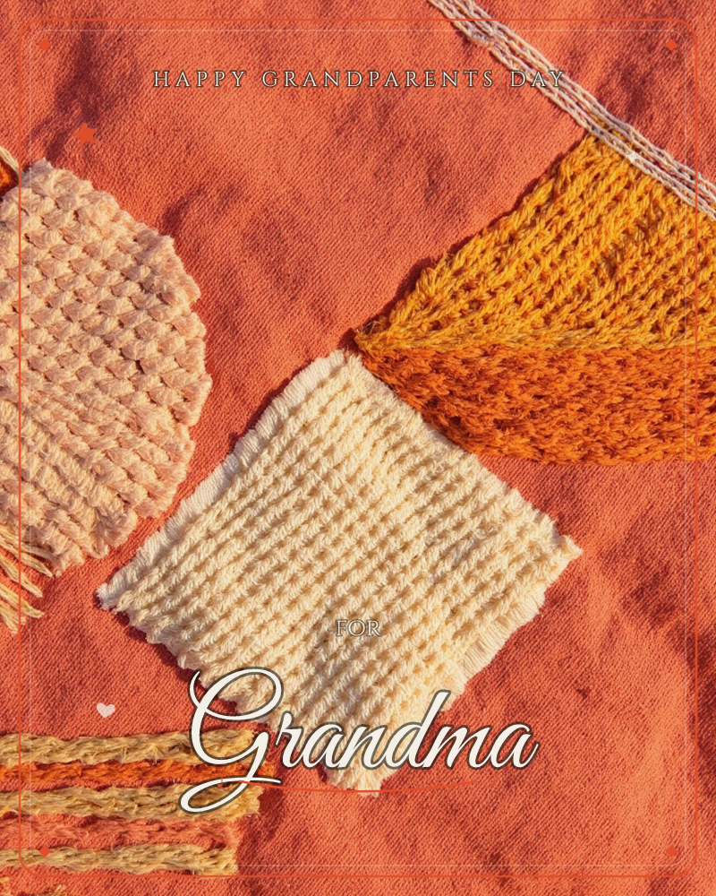 A flat lay of woven and knitted fabric swatches arranged on a terracotta cloth backdrop, including a round pink textured piece, a mustard-orange knit…, a grandparents day e-card design