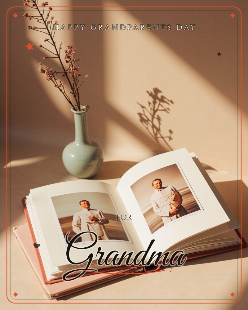 An open photo album lies on a warm terracotta surface, its pages holding two square photographs of a man standing on a beach in a pale coat, a grandparents day e-card design