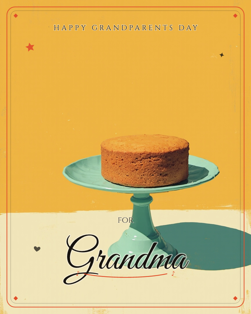 A plain, uniced sponge cake sits on a mint-green cake stand against a bold mustard-yellow backdrop, a grandparents day e-card design