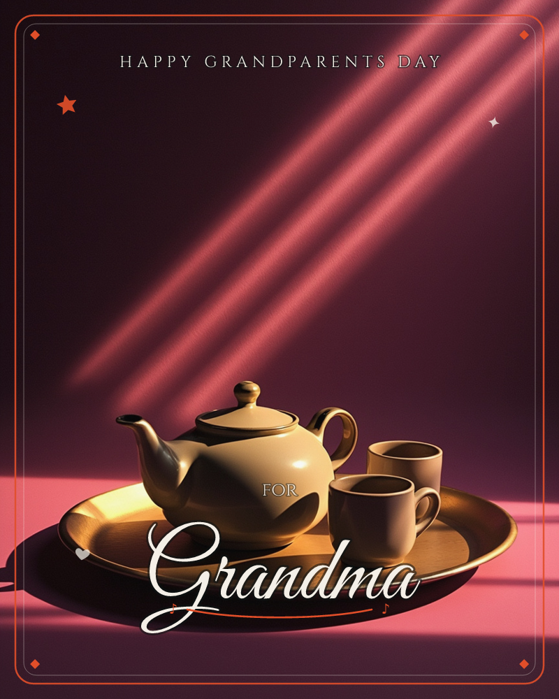 A cream ceramic teapot and two matching cups sit on a gold tray, lit by dramatic diagonal beams of light cutting across a deep maroon backdrop, a grandparents day e-card design