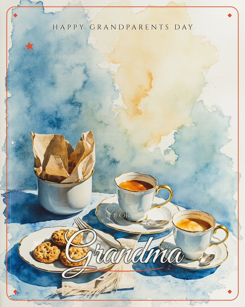 A watercolour still life shows two gold-rimmed teacups of tea, a plate of cookies with a fork and linen napkin, and a small crock lined with brown…, a grandparents day e-card design