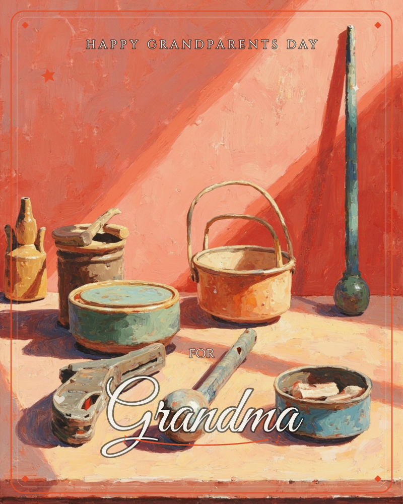 A sunlit still life of rustic kitchen objects arranged on a warm terracotta tabletop against a coral-pink wall, a grandparents day e-card design