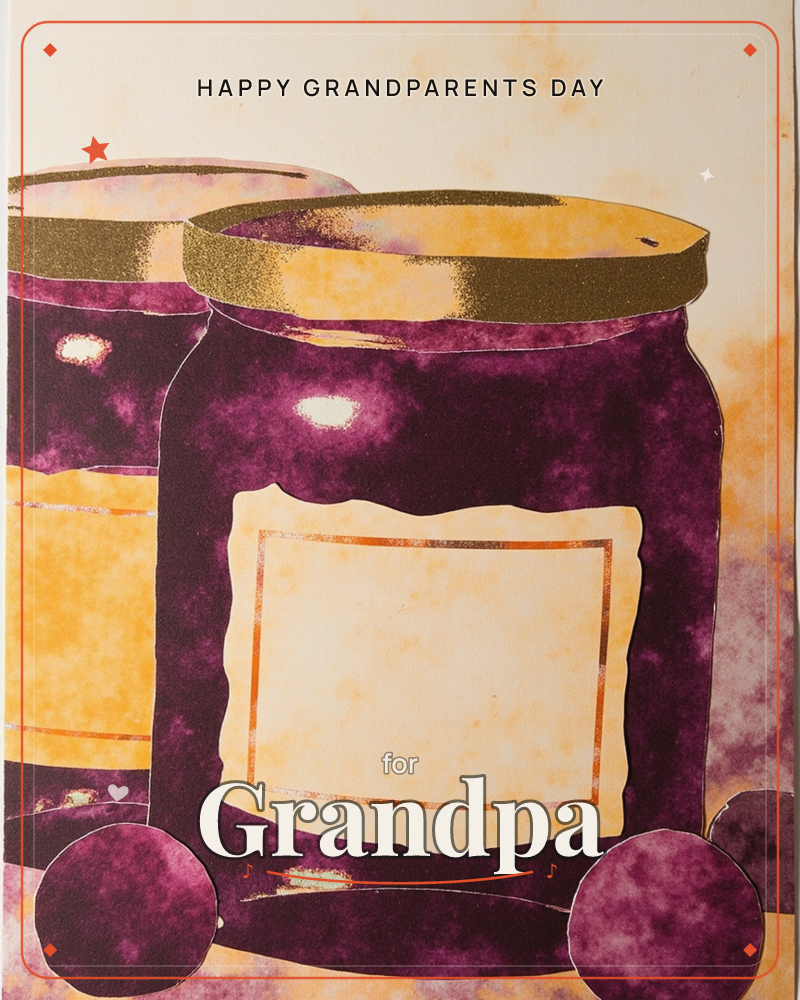 The card shows a row of glass jars filled with deep purple preserve, each topped with a gold lid and a blank cream label ready for a handwritten note, a grandparents day e-card design