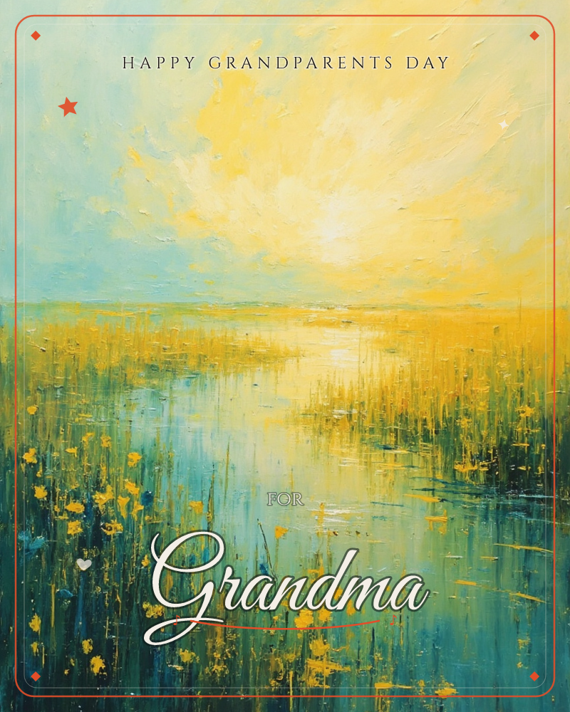 A marshy waterway cuts through tall grasses toward a glowing horizon, where a bright sun dissolves into soft yellow haze, a grandparents day e-card design