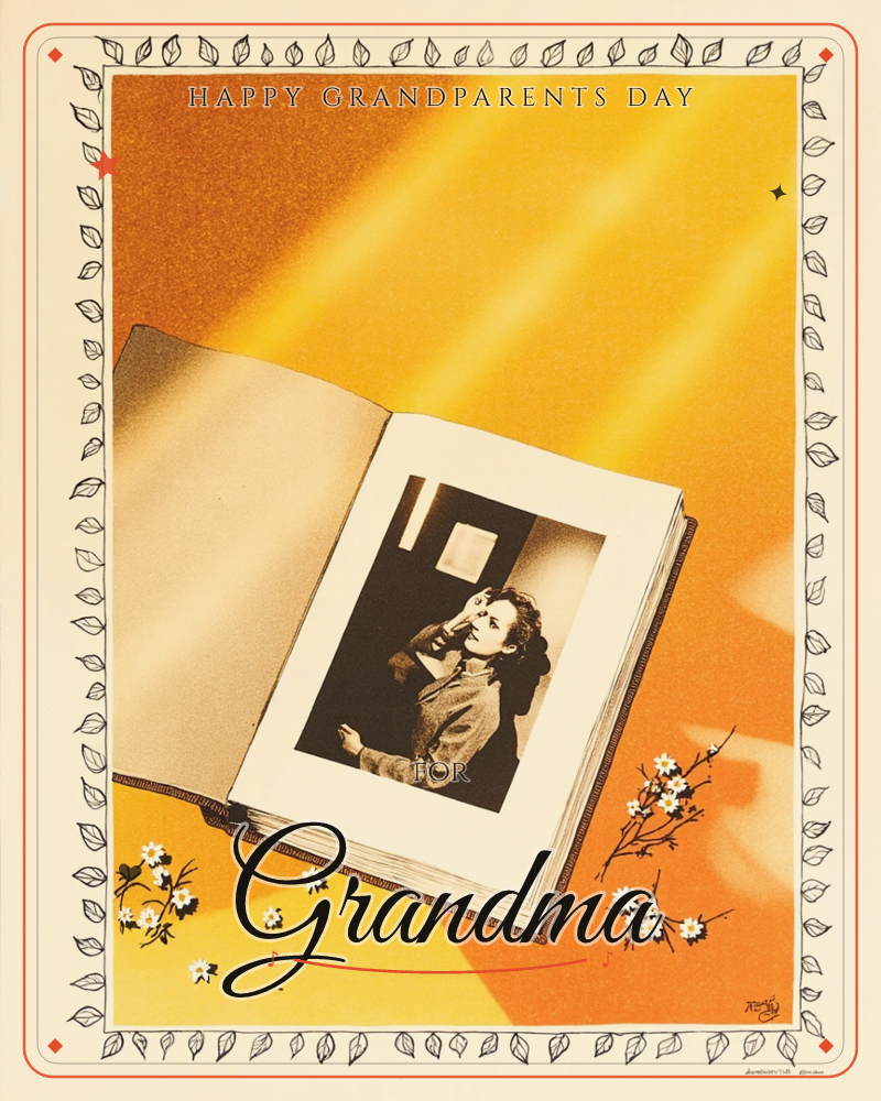An open photo album lies against a glowing orange and gold background, streaked with warm diagonal light as if sun is pouring through a window, a grandparents day e-card design