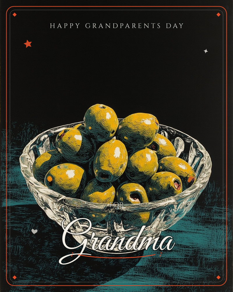 A cut-glass bowl piled high with pimento-stuffed green olives sits against a near-black background, the crystal facets catching sharp white highlights, a grandparents day e-card design