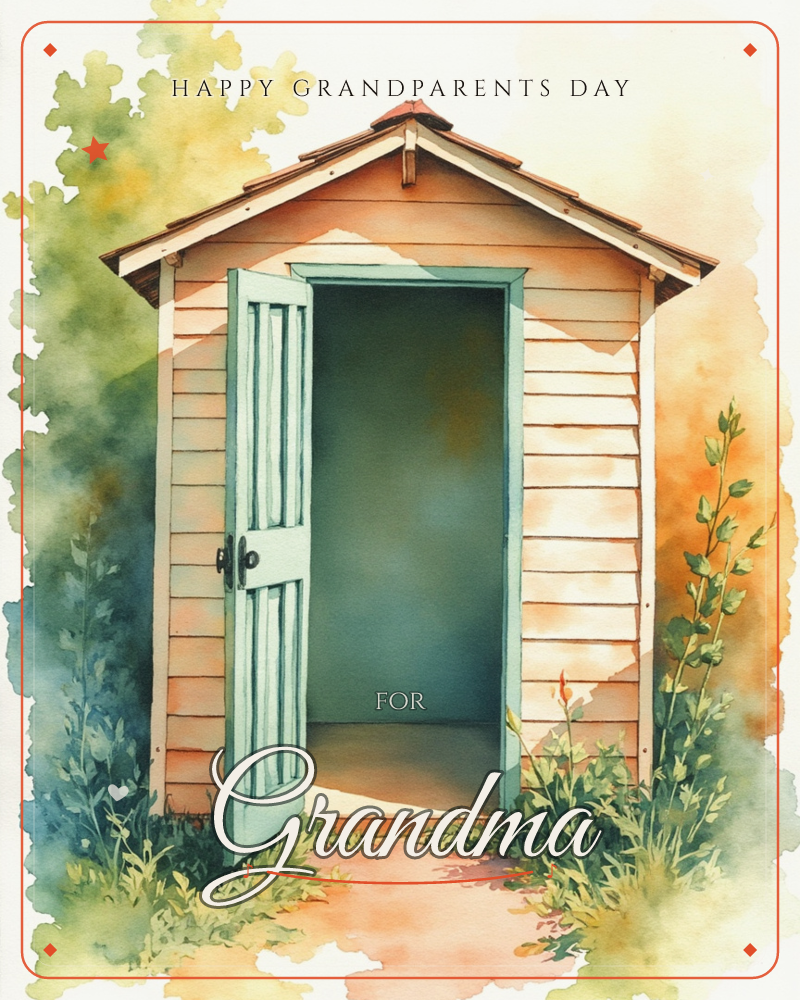 A small wooden garden shed with a peaked terracotta roof stands open, its pale mint door swung wide to reveal a shadowy interior, a grandparents day e-card design