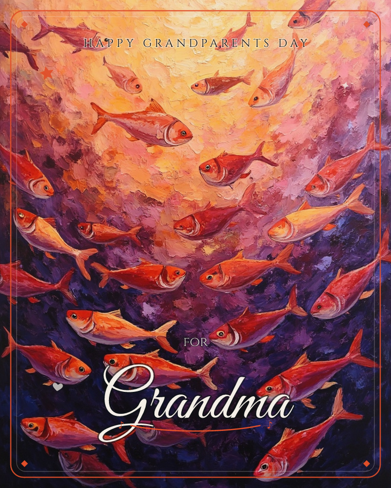 A shoal of coral-red fish swims upward through thick, textured brushstrokes of deep purple water toward a glowing amber-pink light above, a grandparents day e-card design