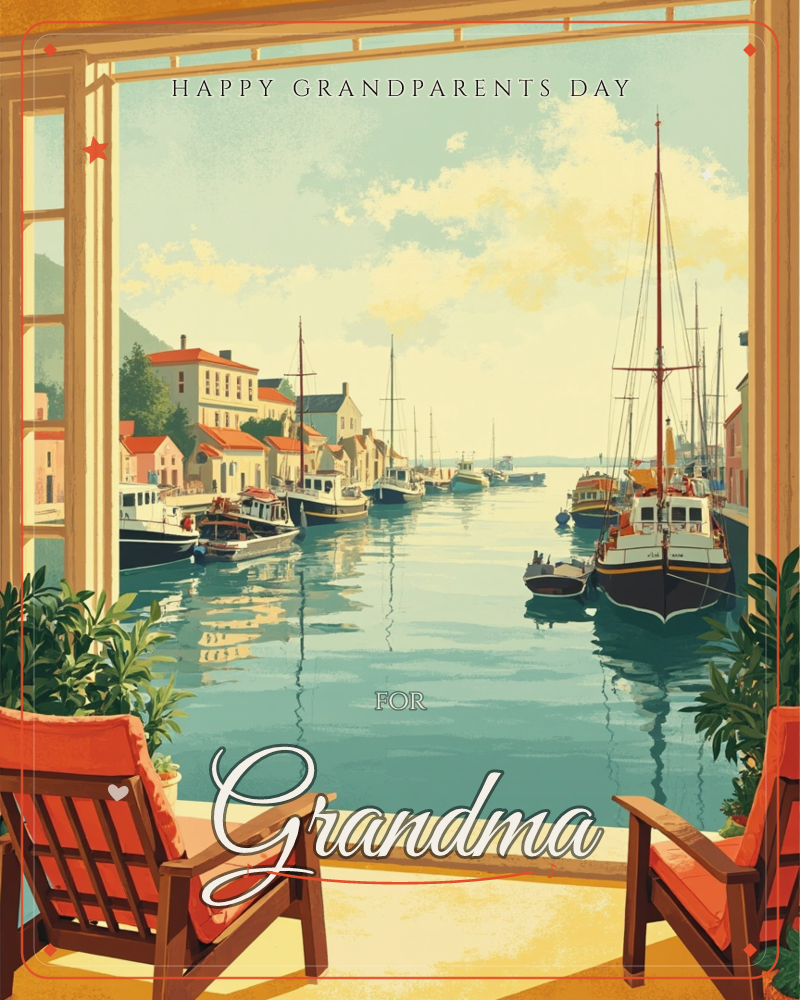 An open window frames a sunlit harbour view, with two empty red armchairs and potted plants on a terrace looking out over moored fishing boats and…, a grandparents day e-card design