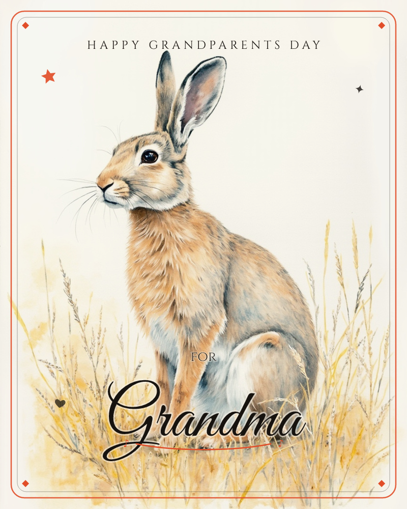 A hare sits alert amid tall dry grasses, its long ears raised and whiskers fanned out against a soft, glowing cream background, a grandparents day e-card design
