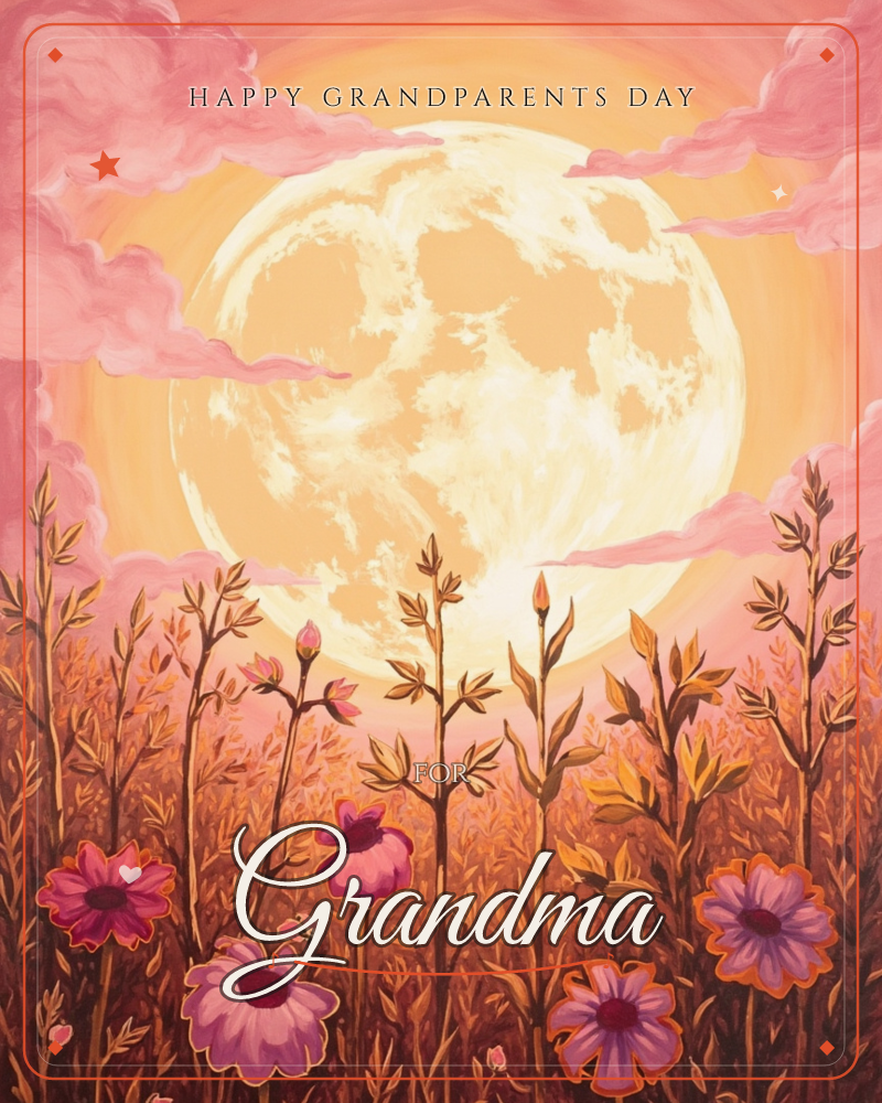 A huge glowing moon fills the sky above a meadow, its surface textured in cream and pale gold, surrounded by drifting pink clouds, a grandparents day e-card design