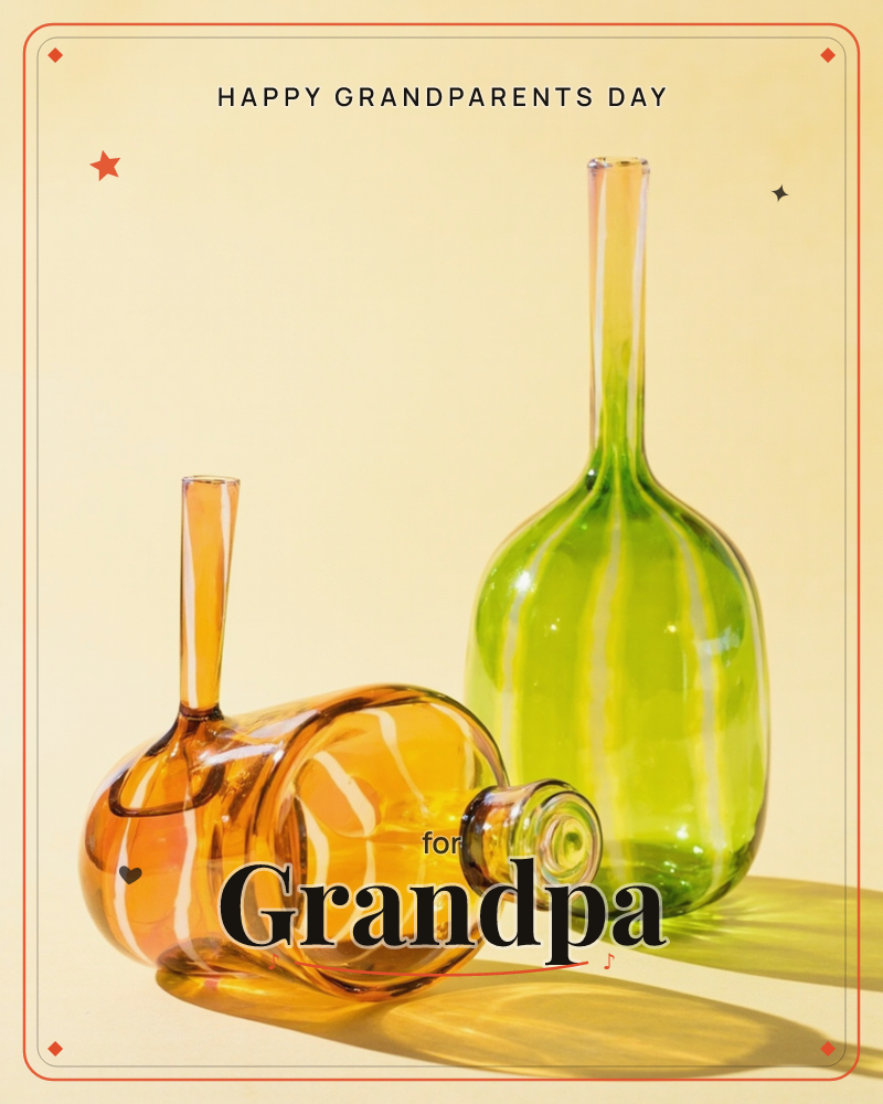 Two long-necked glass bottles, one amber and one green, both striped with pale vertical lines, stand against a warm yellow backdrop, a grandparents day e-card design