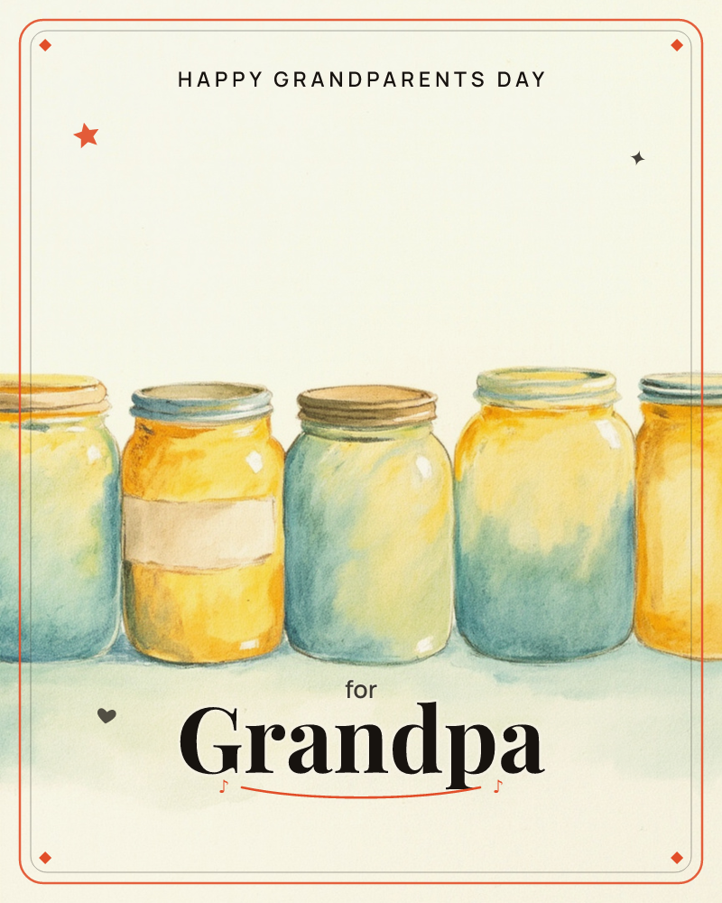 A row of glass mason jars painted in soft watercolour, filled with a golden preserve that glows amber against blue-green shadows, a grandparents day e-card design
