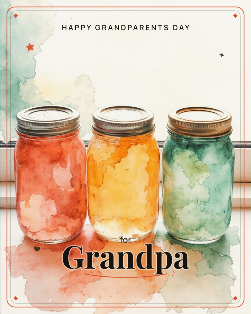 Three mason jars stand in a row on a windowsill, filled with washes of watercolour that read as preserved fruit, rust red, honeyed orange, and soft green, a grandparents day e-card design
