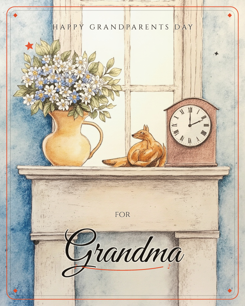 A cream mantelpiece sits below a paned window, holding a yellow jug of white and blue daisies, a small curled fox figurine, and a wooden mantel clock…, a grandparents day e-card design