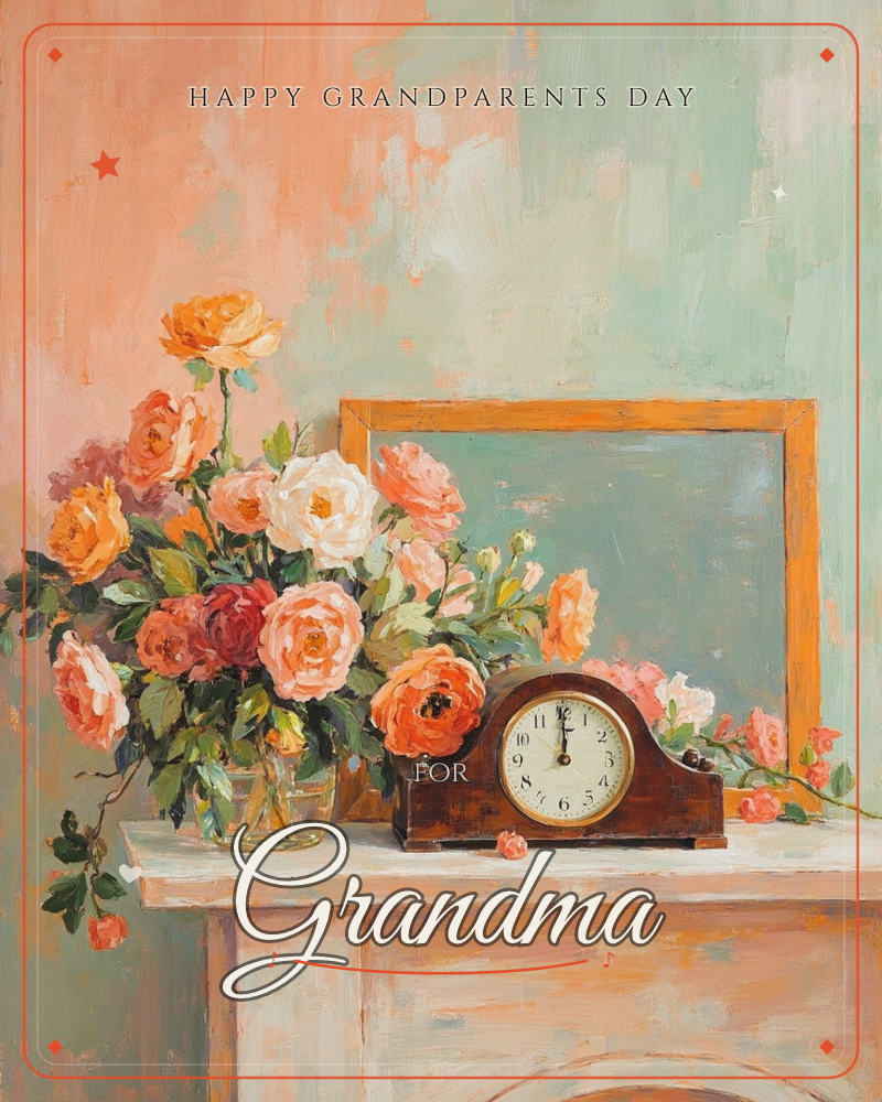 A still life shows a glass vase of peach, cream and red roses spilling across a white mantelpiece beside an old wooden mantel clock and a framed mirror, a grandparents day e-card design
