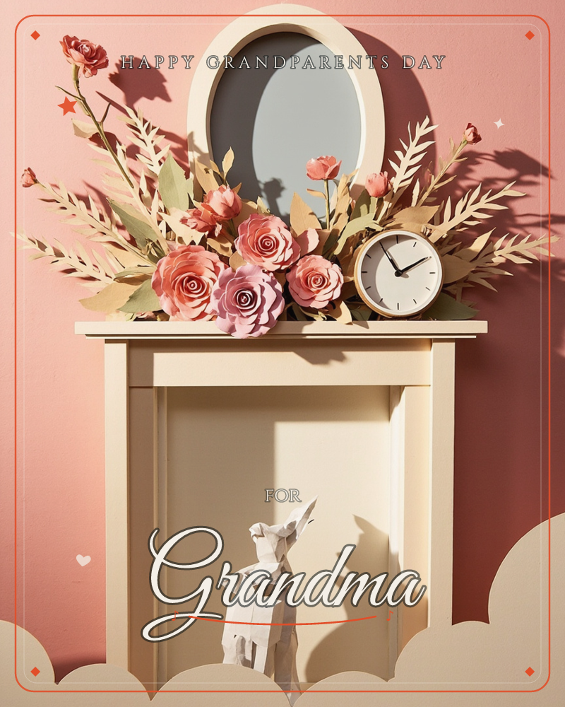 A paper-craft mantelpiece stands against a rosy pink wall, topped with an oval mirror, a small round clock, and a cascade of paper roses and dried grasses, a grandparents day e-card design
