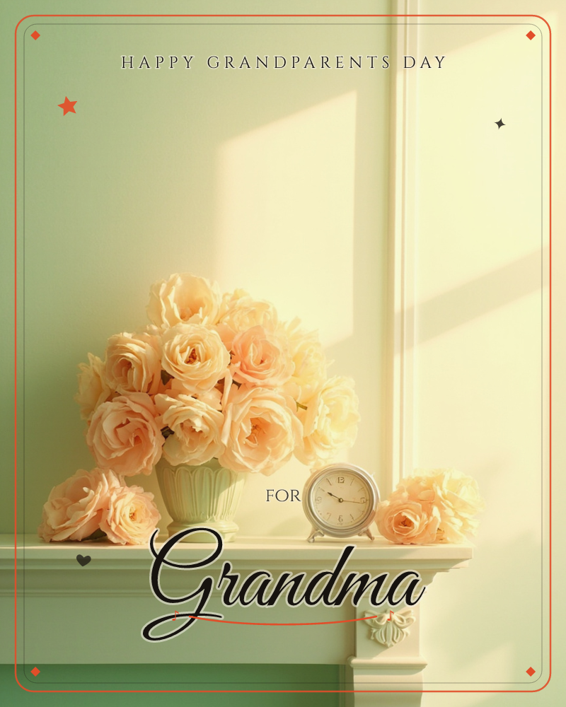 A mantelpiece bathed in soft afternoon light holds a fluted vase overflowing with peach and cream roses, a few loose blooms scattered beside it, a grandparents day e-card design